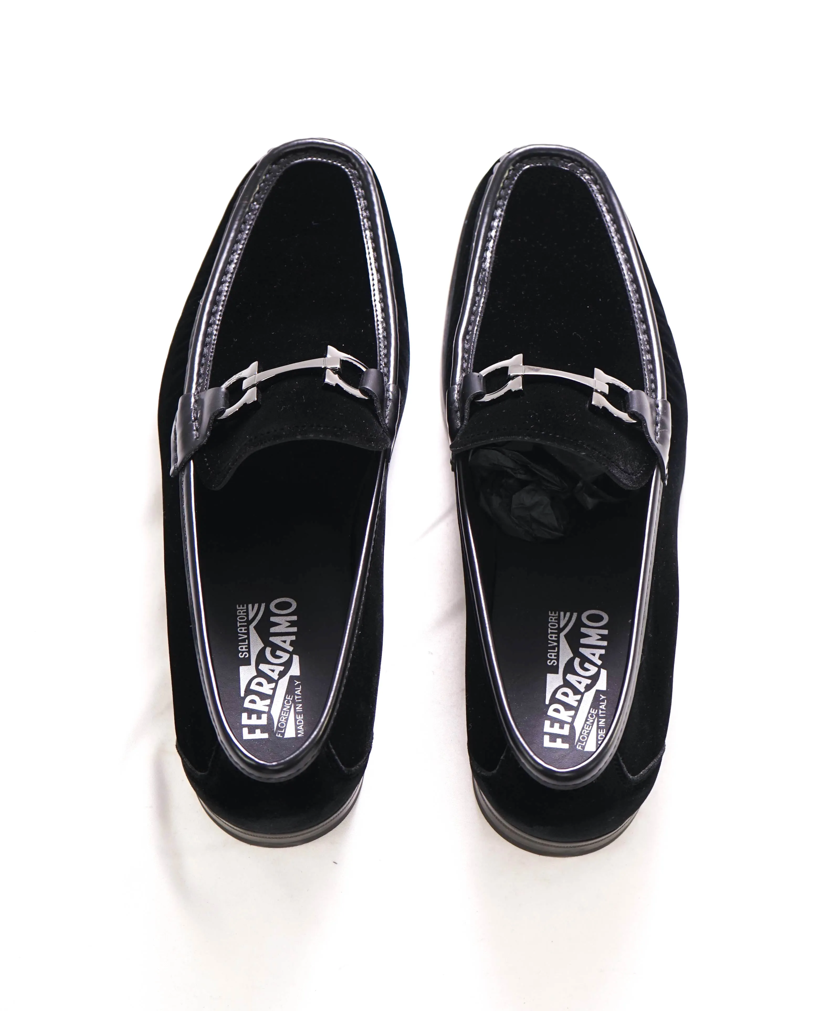 $895 SALVATORE FERRAGAMO - “GRANDIOSO" Gancini Bit Loafer Black Velvet Loafers - 10 E