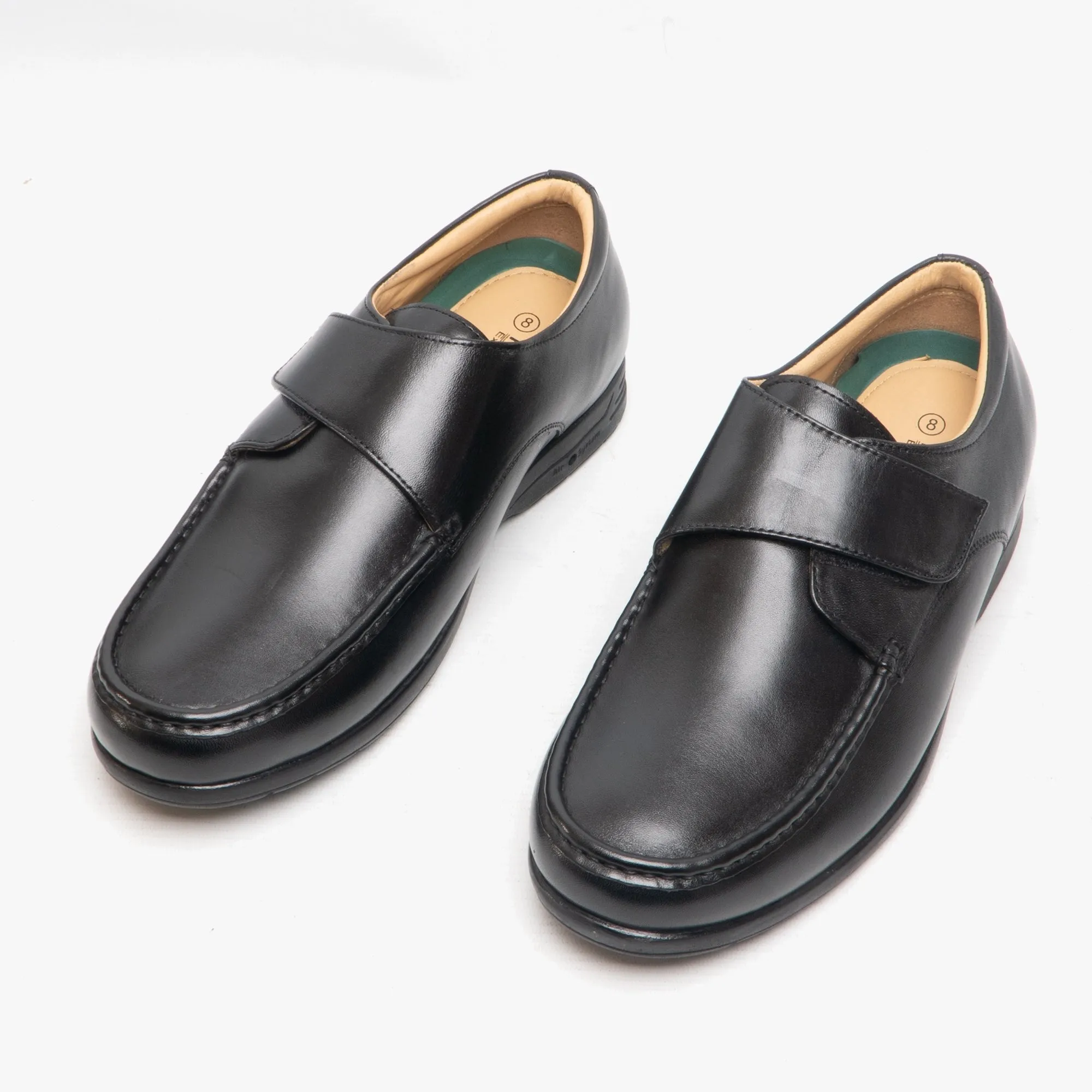 ALBIE Mens Leather Extra Wide Fit Touch Fasten Loafers Black