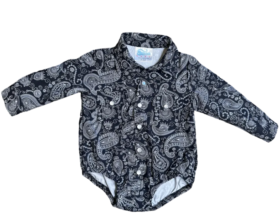 Black Paisley Long Sleeve Pearl Snap Onesie Baby (0-18M)