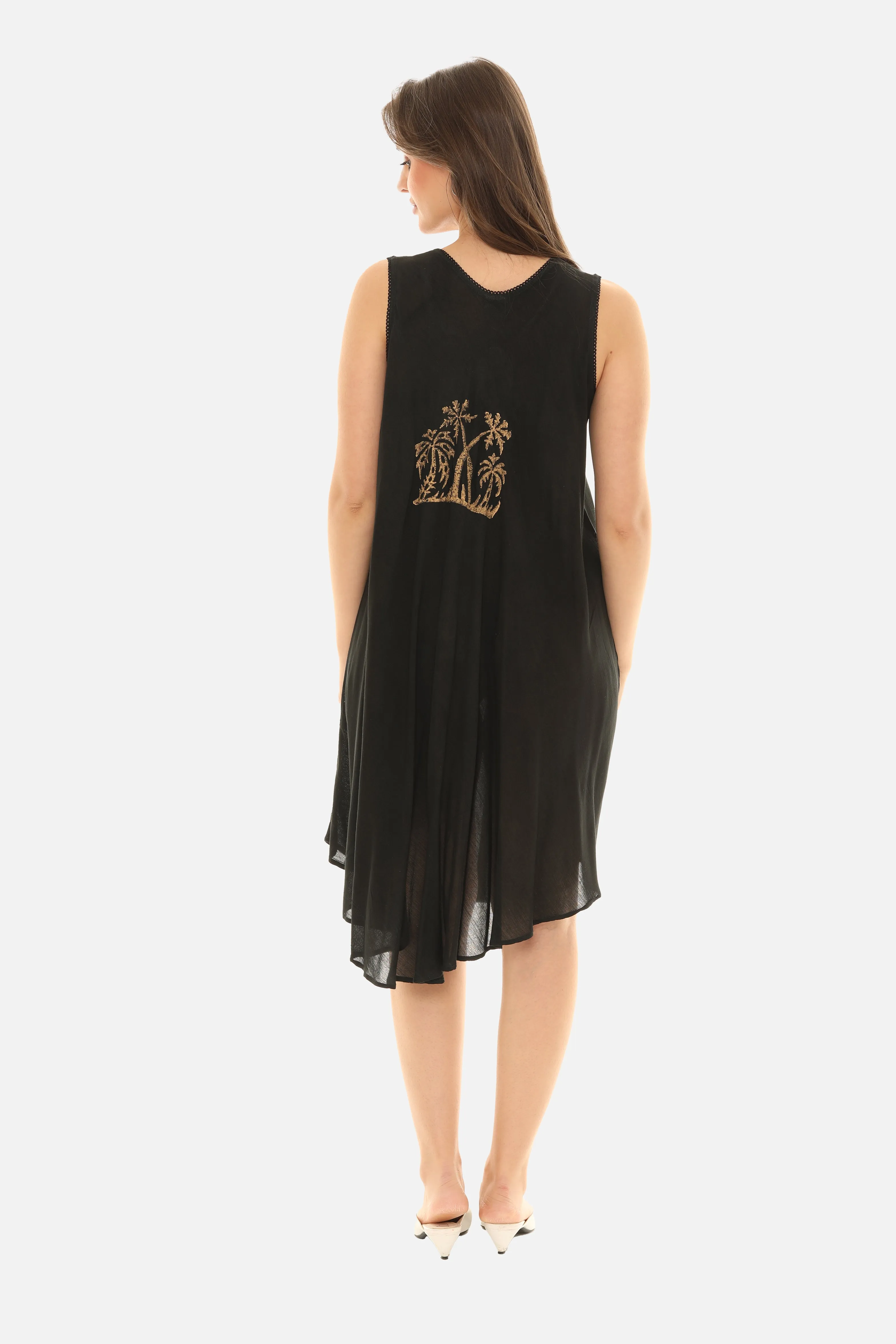 Block Gold Palm Tree Prints Motif on Umbrella Rayon Midi Dress for Women