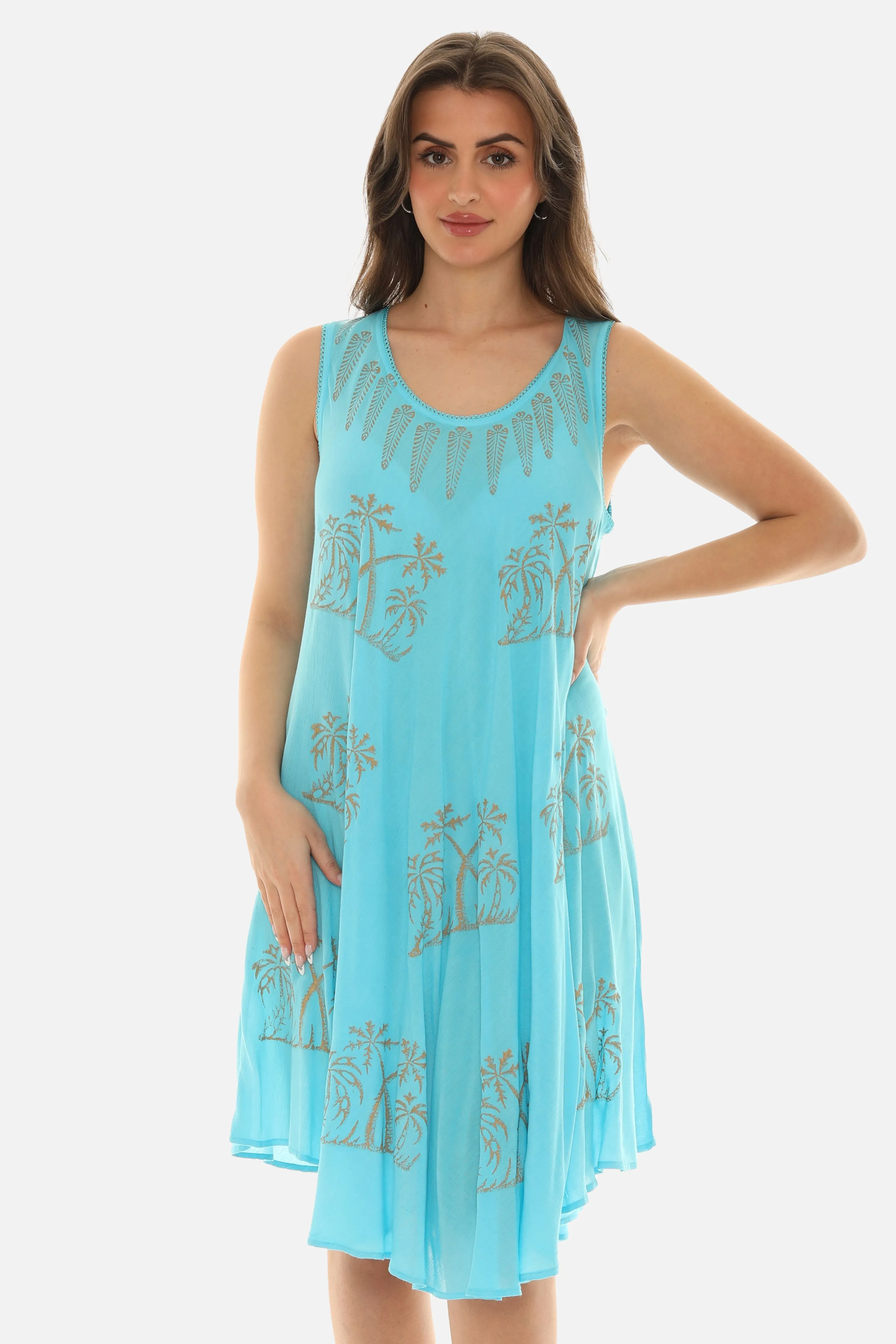Block Gold Palm Tree Prints Motif on Umbrella Rayon Midi Dress for Women