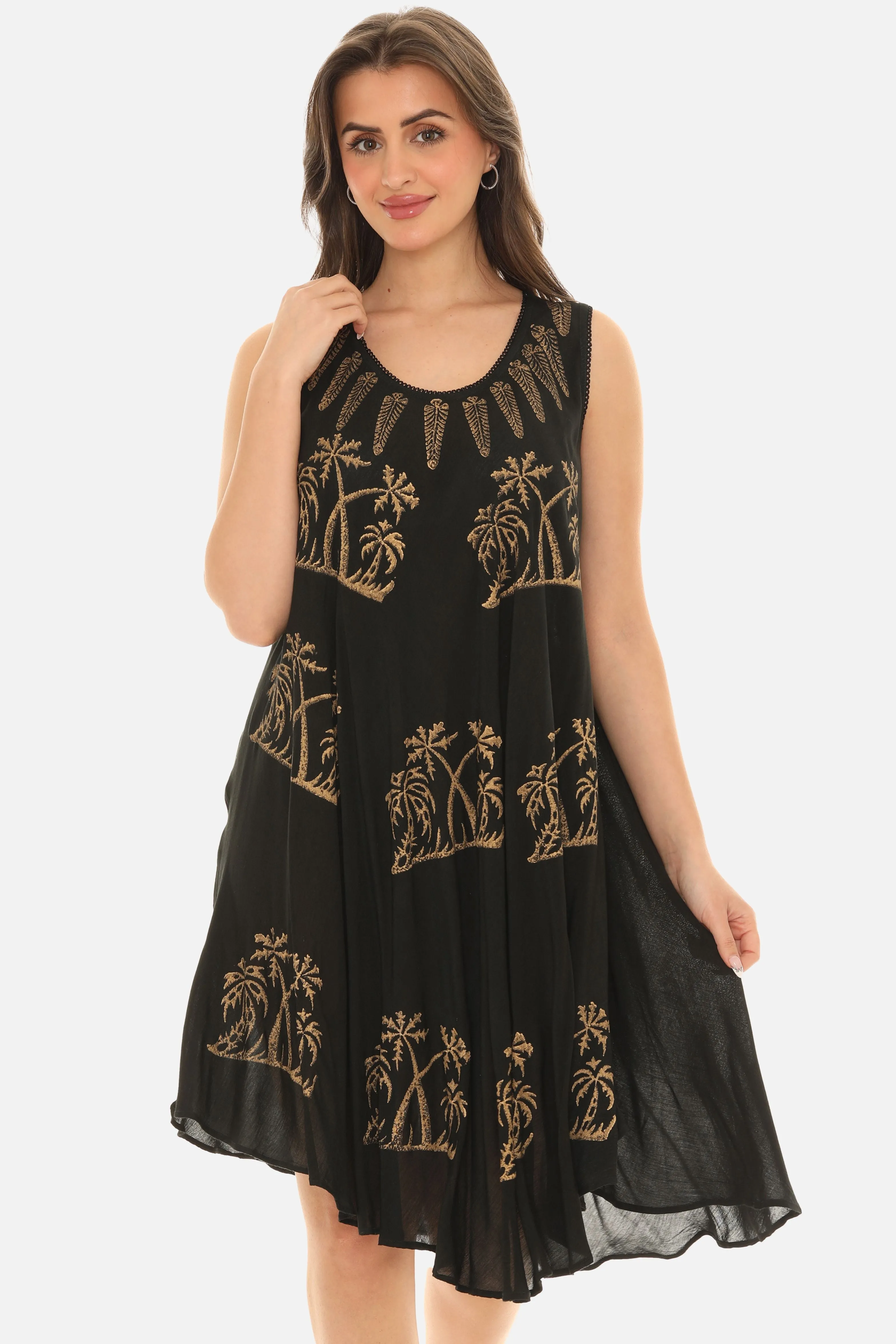 Block Gold Palm Tree Prints Motif on Umbrella Rayon Midi Dress for Women