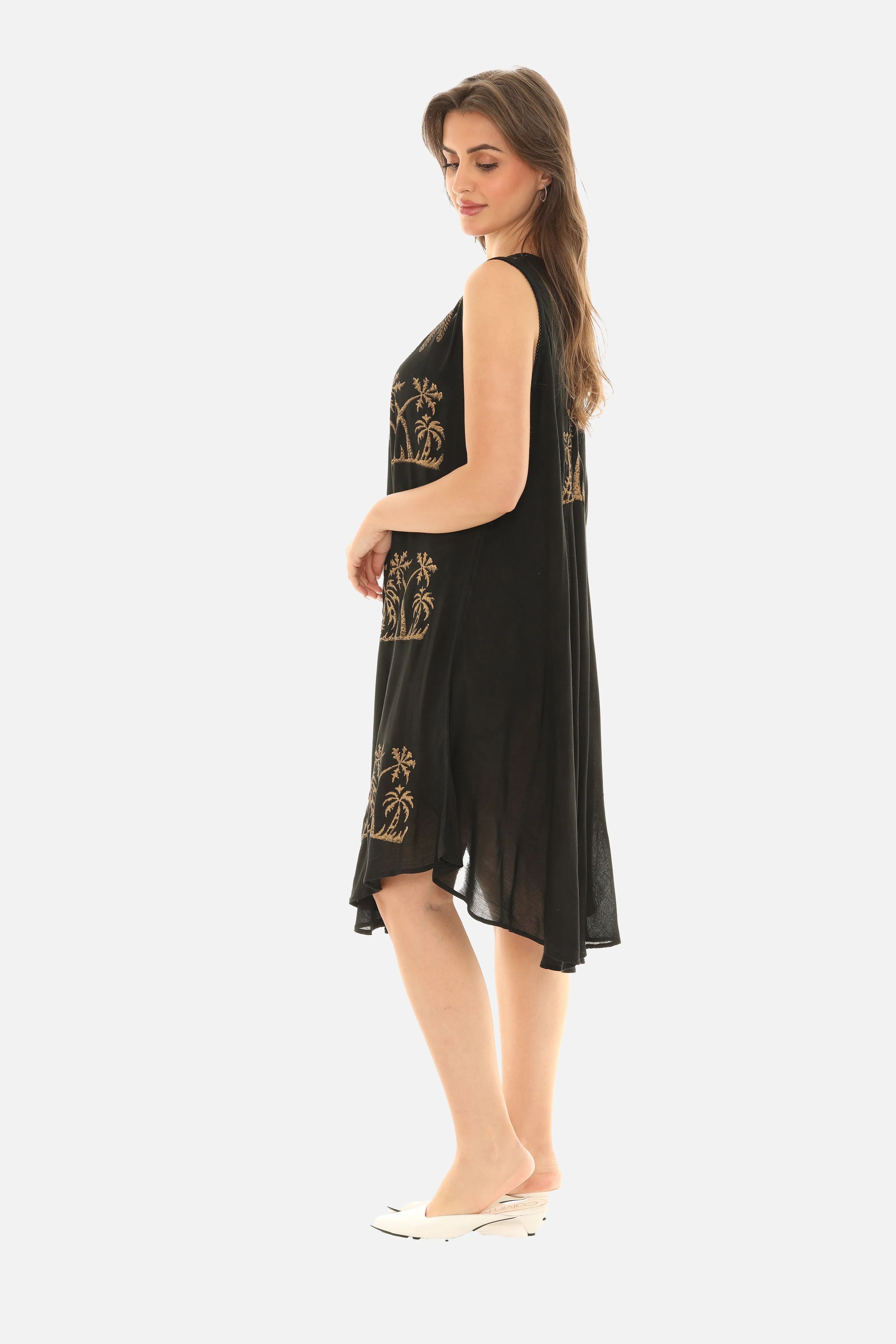 Block Gold Palm Tree Prints Motif on Umbrella Rayon Midi Dress for Women