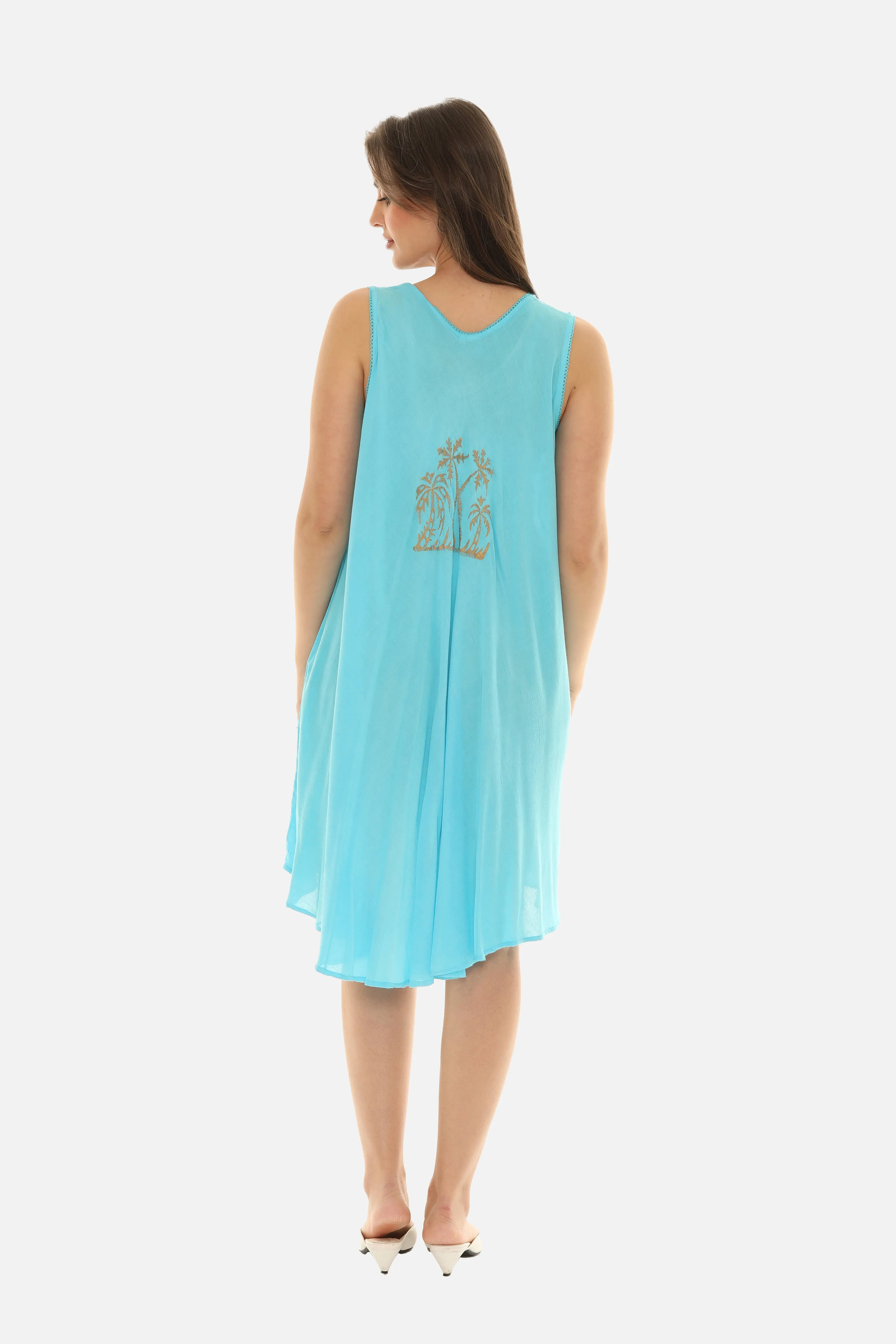 Block Gold Palm Tree Prints Motif on Umbrella Rayon Midi Dress for Women