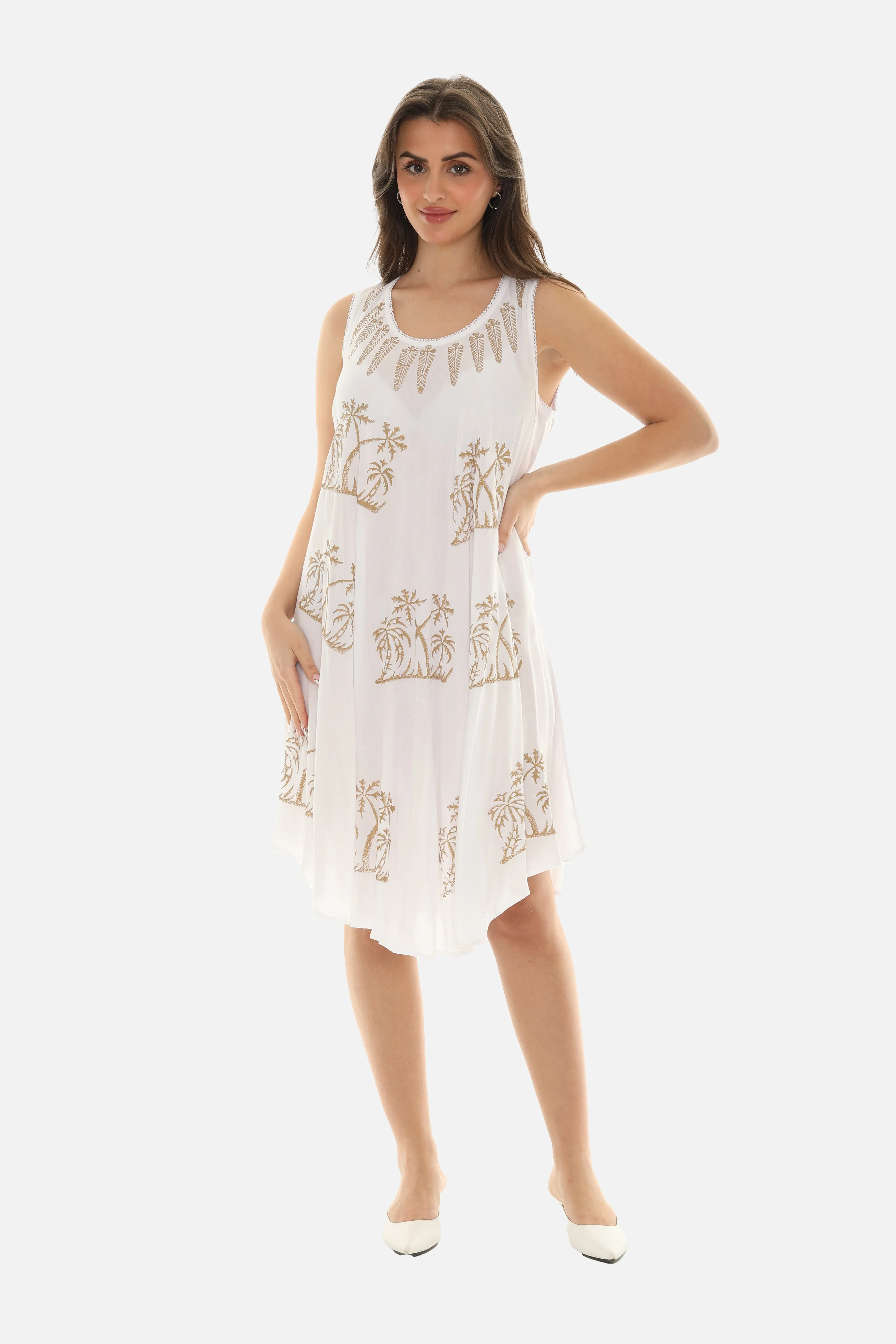 Block Gold Palm Tree Prints Motif on Umbrella Rayon Midi Dress for Women