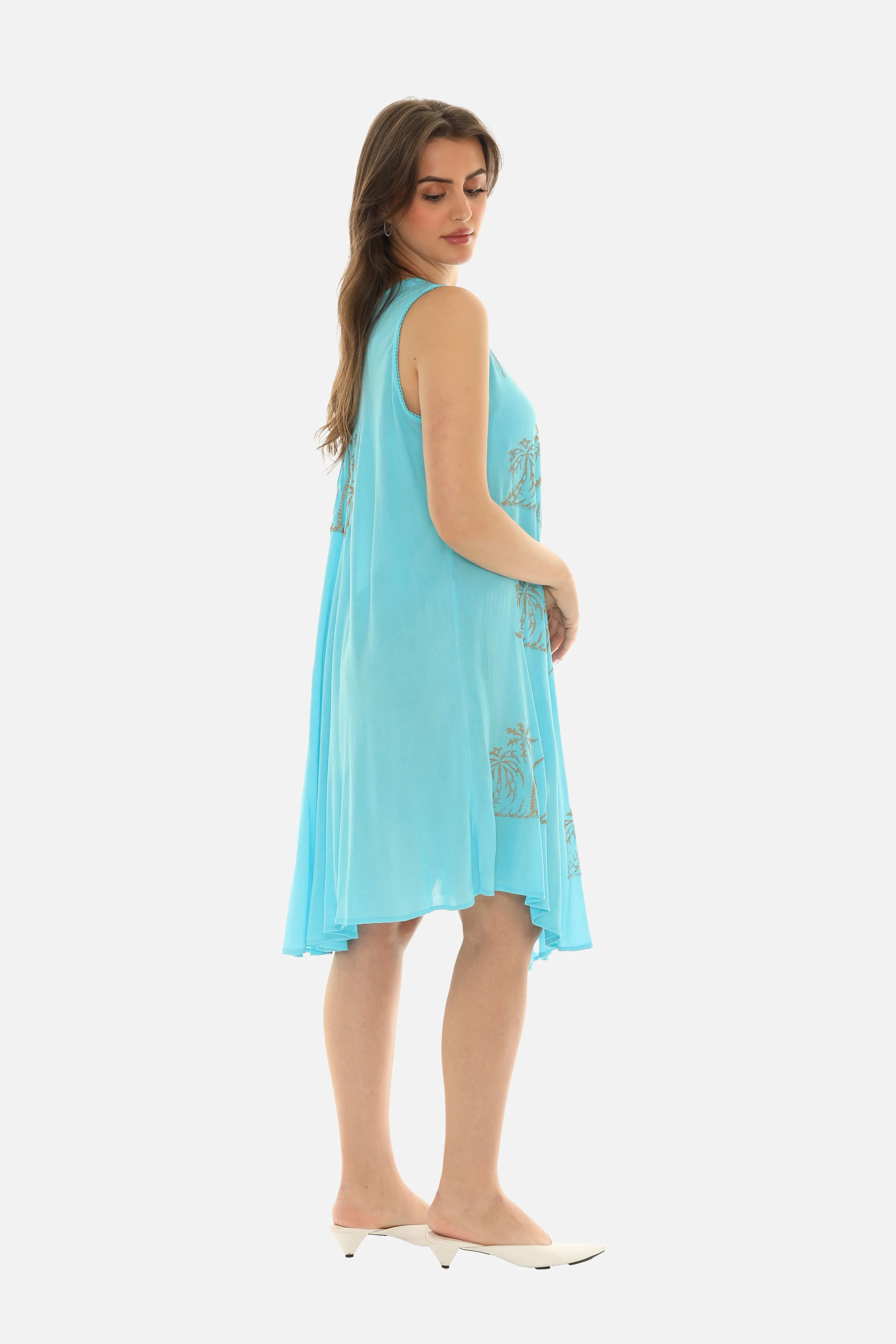 Block Gold Palm Tree Prints Motif on Umbrella Rayon Midi Dress for Women