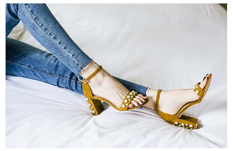 BOOPDO DESIGN PEARL DETAIL BLOCK HEEL SANDALS