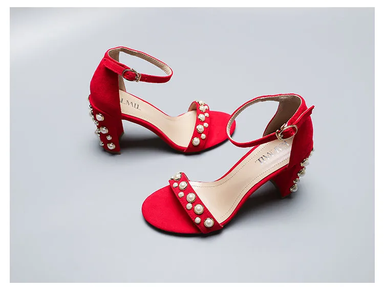 BOOPDO DESIGN PEARL DETAIL BLOCK HEEL SANDALS