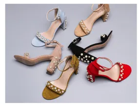 BOOPDO DESIGN PEARL DETAIL BLOCK HEEL SANDALS