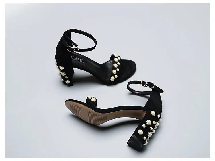 BOOPDO DESIGN PEARL DETAIL BLOCK HEEL SANDALS