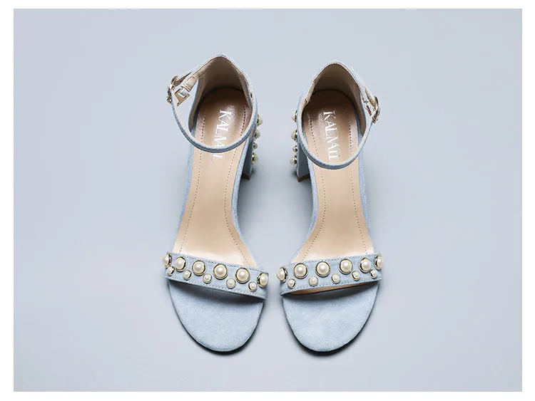 BOOPDO DESIGN PEARL DETAIL BLOCK HEEL SANDALS