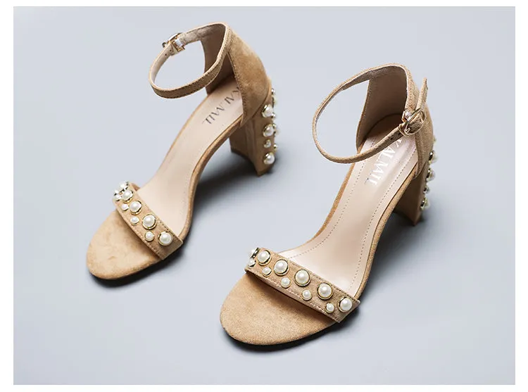 BOOPDO DESIGN PEARL DETAIL BLOCK HEEL SANDALS