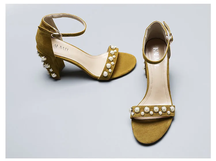 BOOPDO DESIGN PEARL DETAIL BLOCK HEEL SANDALS