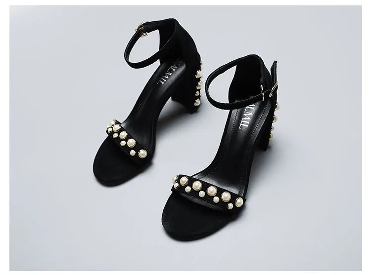 BOOPDO DESIGN PEARL DETAIL BLOCK HEEL SANDALS
