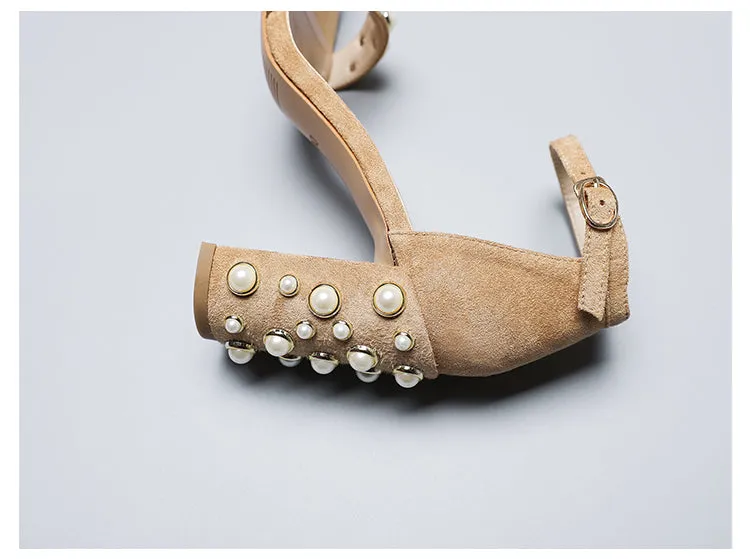 BOOPDO DESIGN PEARL DETAIL BLOCK HEEL SANDALS