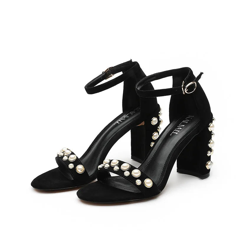 BOOPDO DESIGN PEARL DETAIL BLOCK HEEL SANDALS