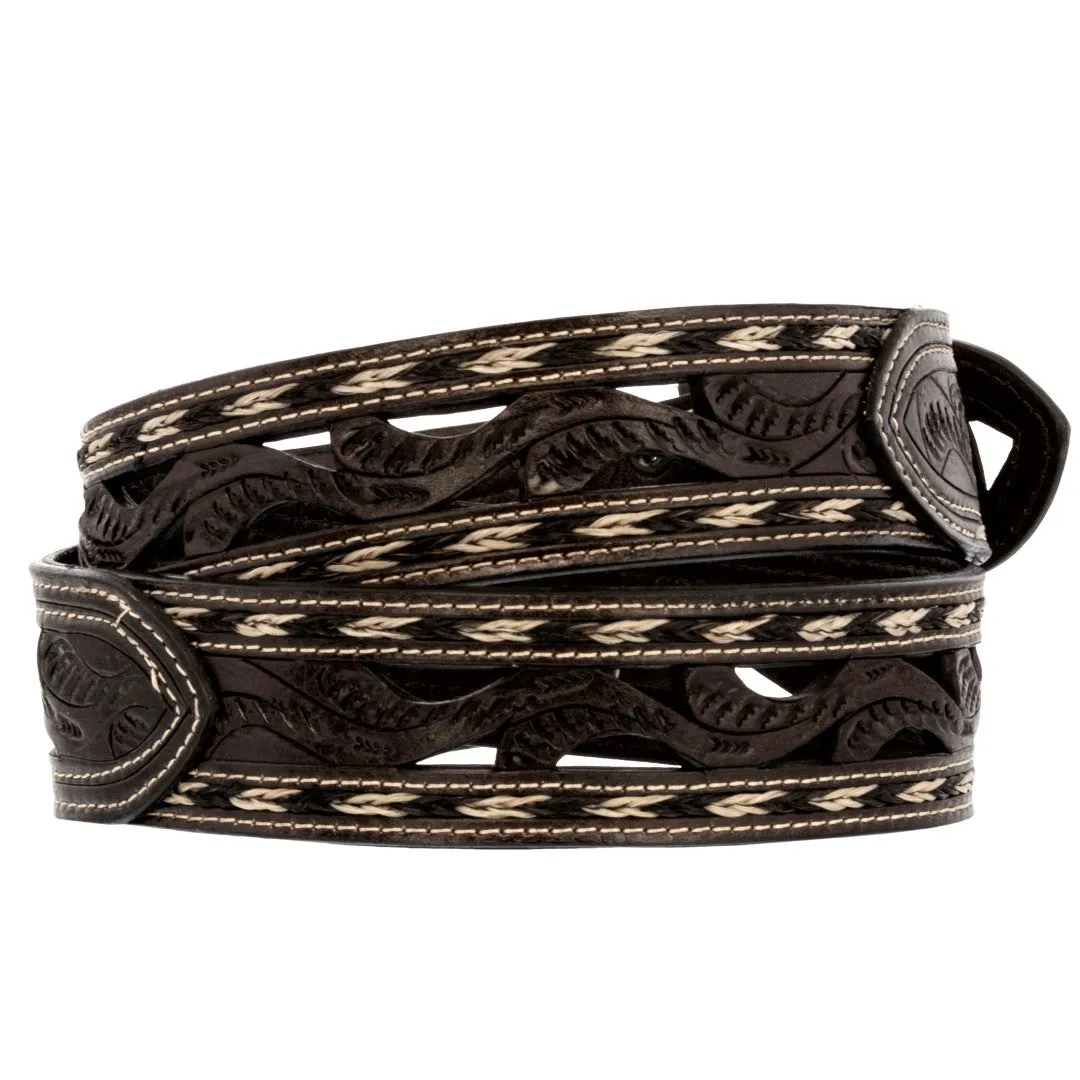 Brown Western Cowboy Belt Braided Tooled Leather - Rodeo Buckle