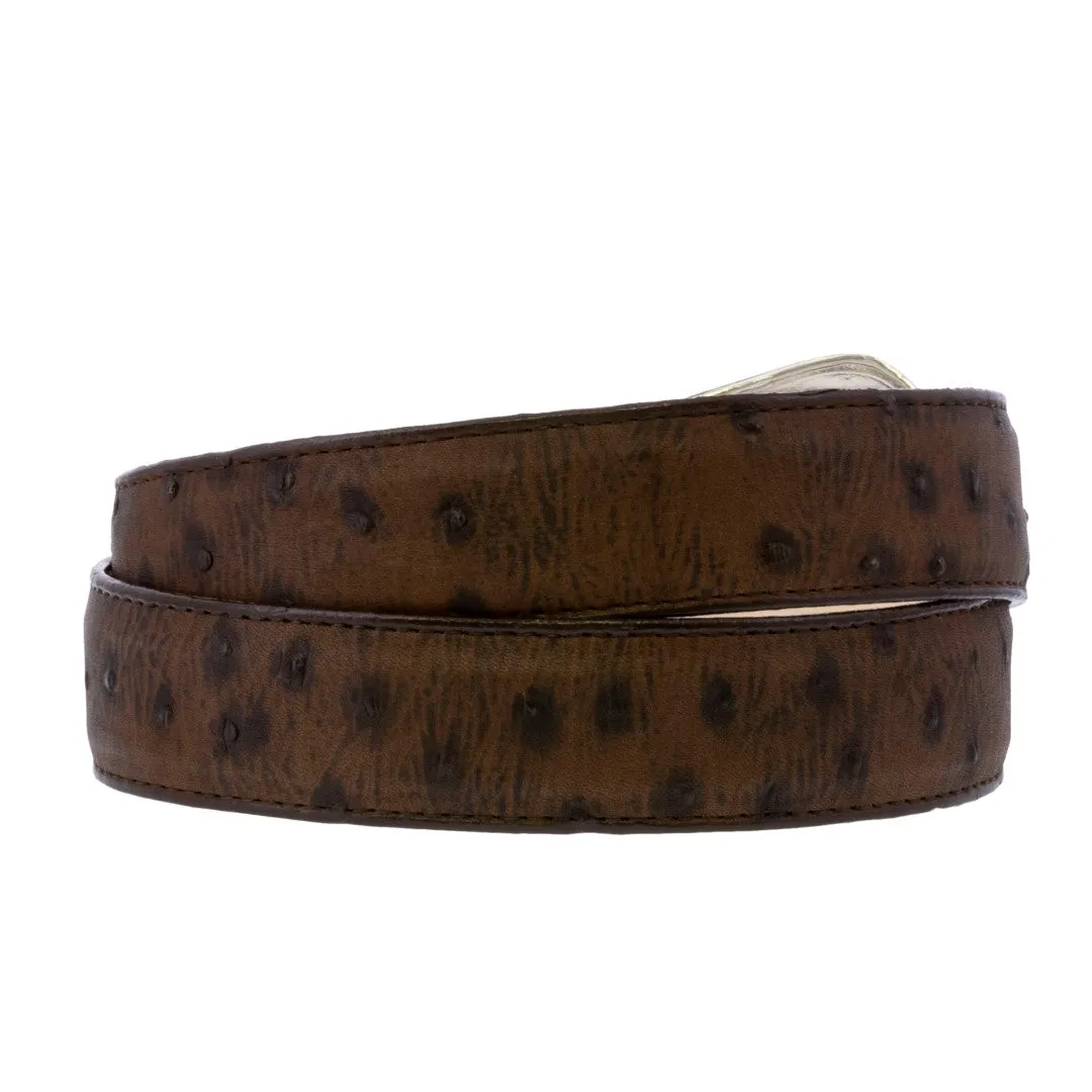 Brown Western Cowboy Belt Ostrich Print Leather - Silver Buckle