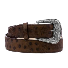 Brown Western Cowboy Belt Ostrich Print Leather - Silver Buckle