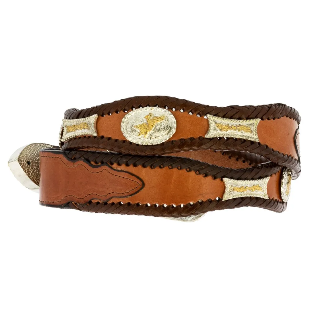 Cognac Western Cowboy Belt Concho Leather - Silver Buckle