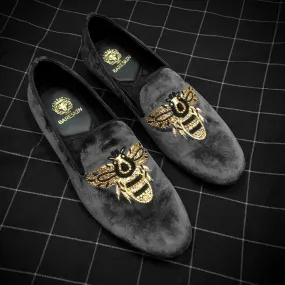Customised Honey Bee Zardosi Grey Velvet Slip-On by Brune & Bareskin