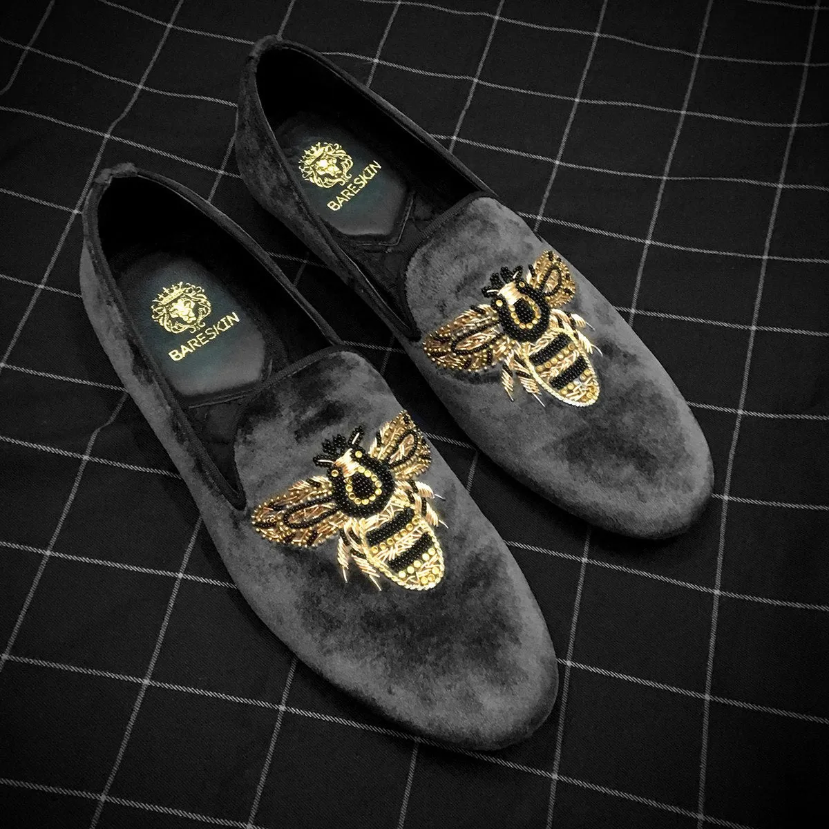 Customised Honey Bee Zardosi Grey Velvet Slip-On by Brune & Bareskin
