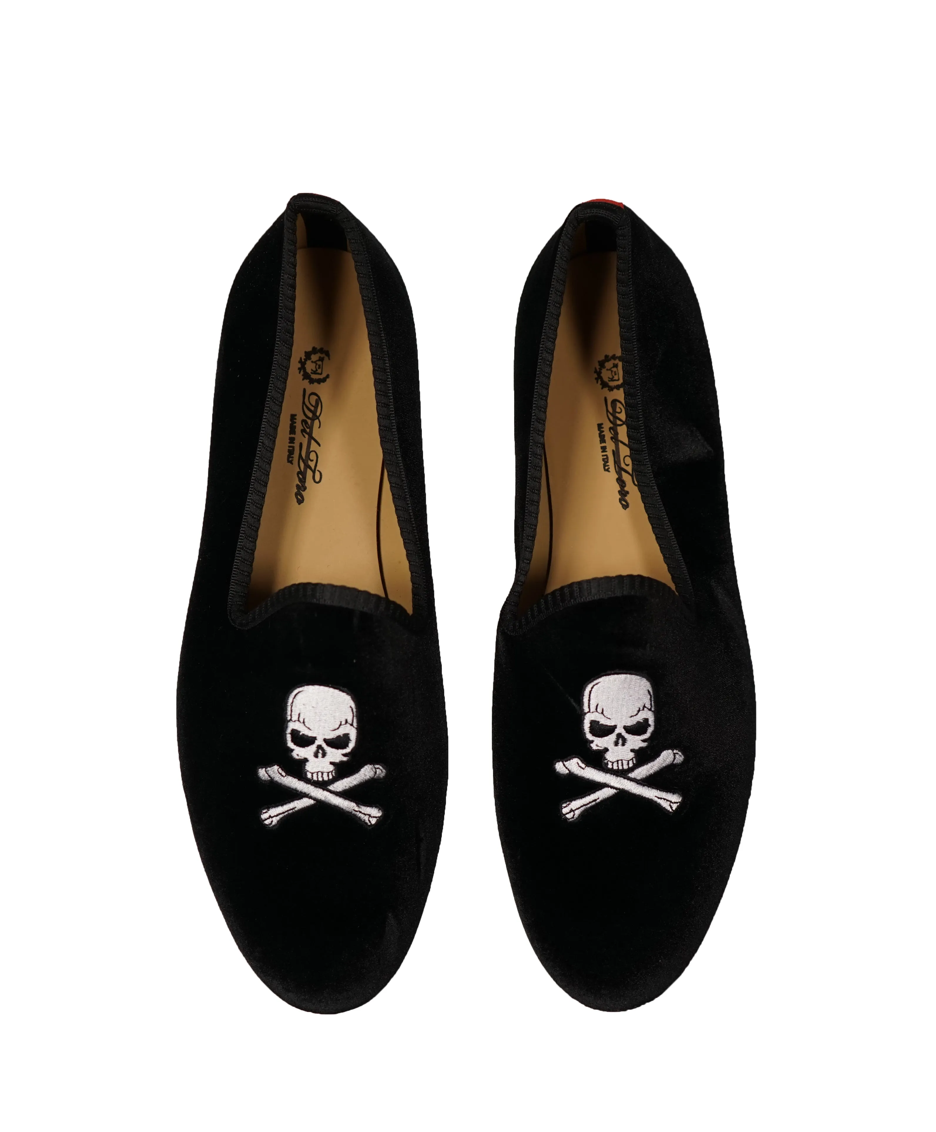 DEL TORO - Black Skull n’ Cross Bones Velvet Smoking Slippers Loafers - 12