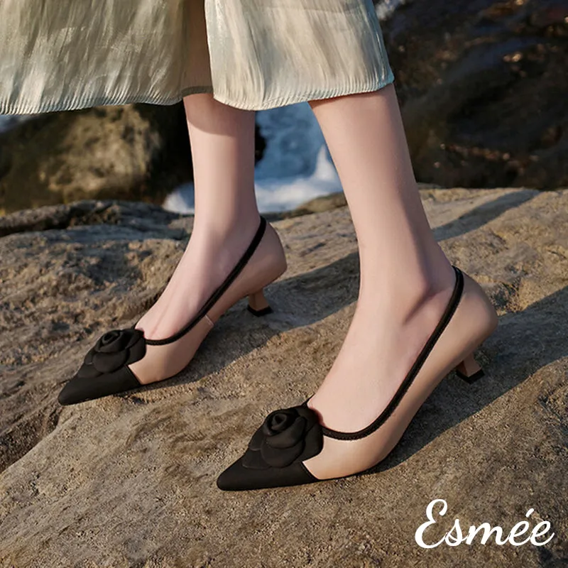 Dual Color Leather High Heel with Rose Bud Design