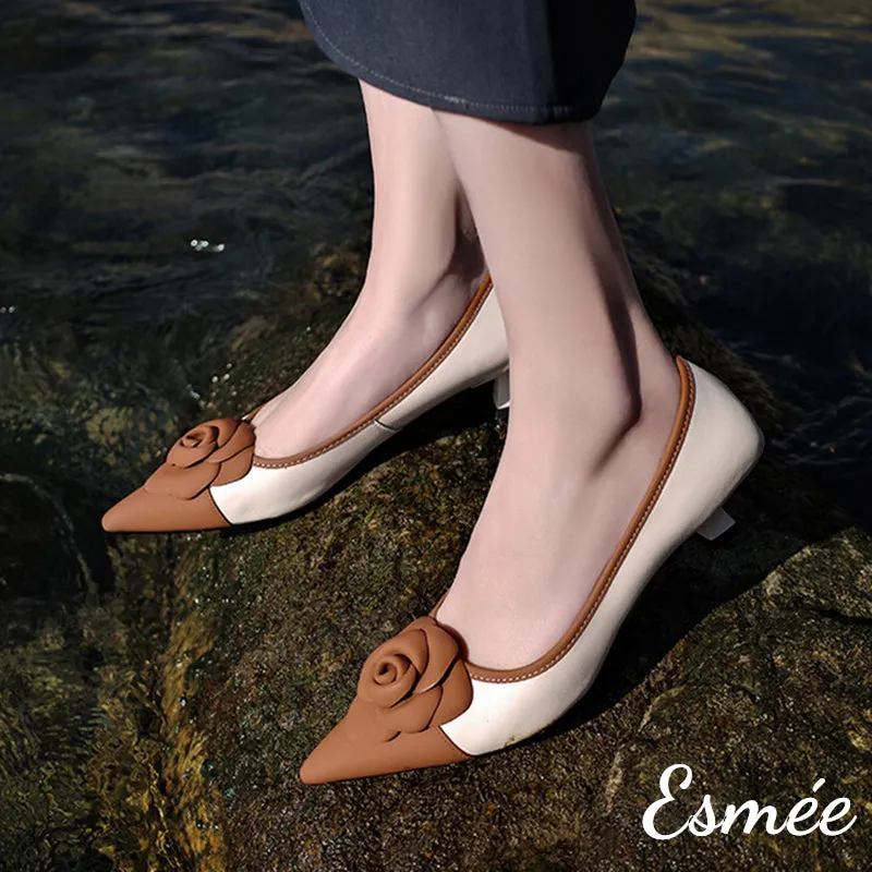 Dual Color Leather High Heel with Rose Bud Design