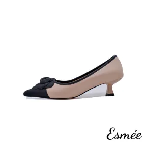 Dual Color Leather High Heel with Rose Bud Design