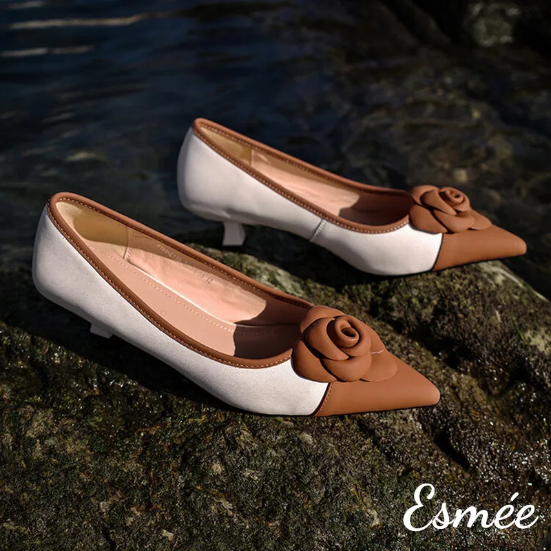 Dual Color Leather High Heel with Rose Bud Design