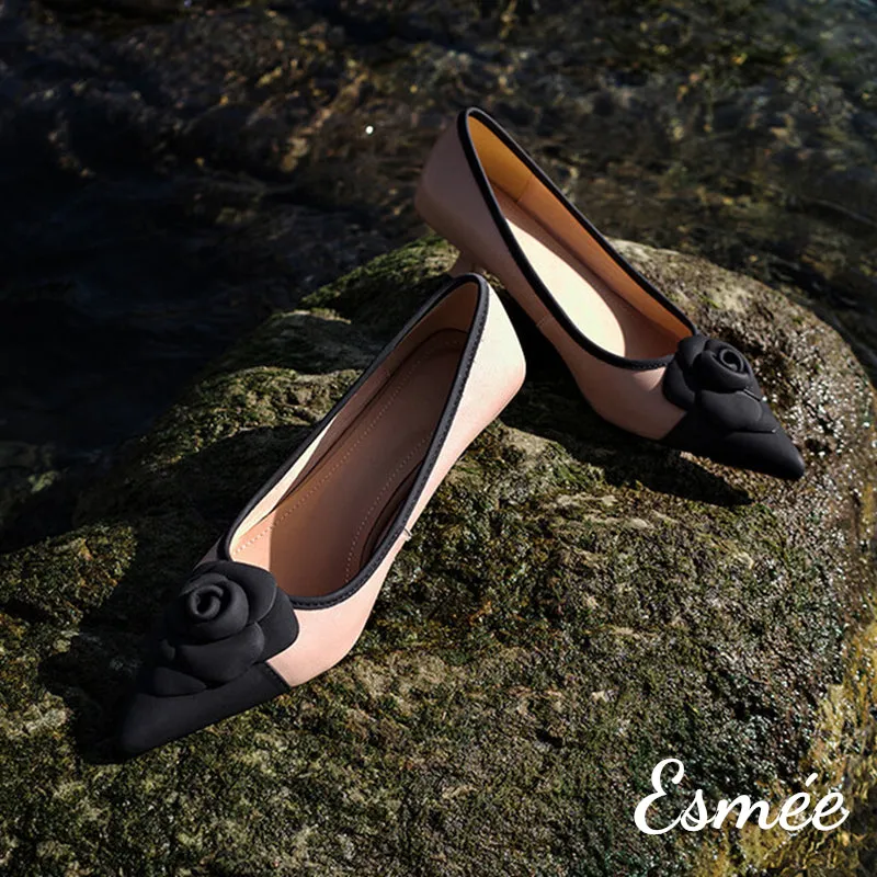 Dual Color Leather High Heel with Rose Bud Design