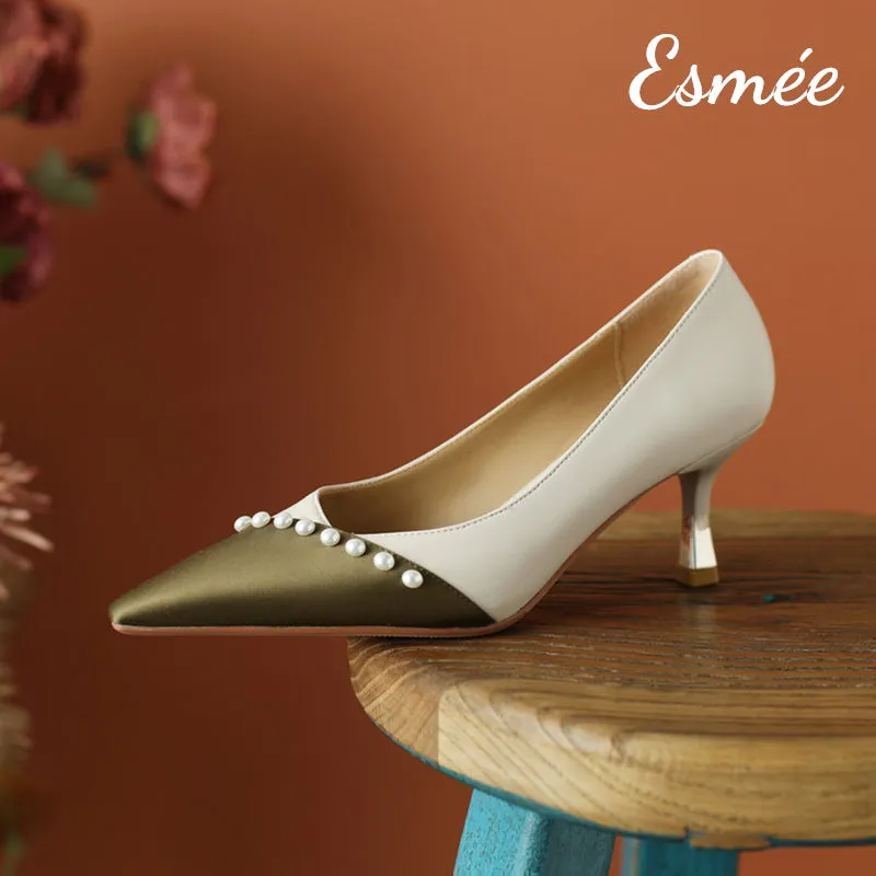 Dual Color Pointy Toe High Heel with Pearl Design