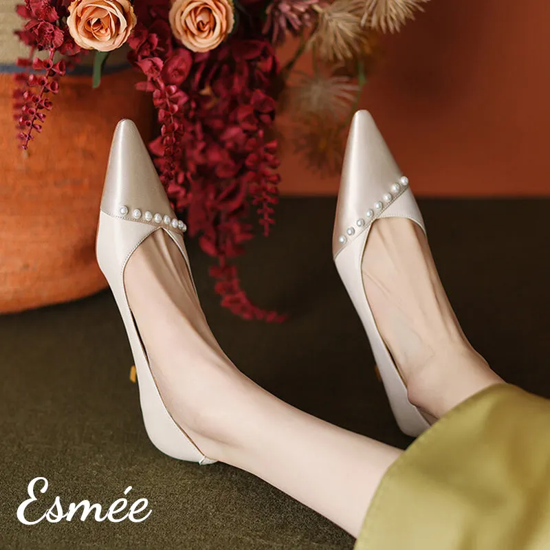 Dual Color Pointy Toe High Heel with Pearl Design