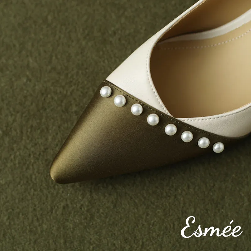 Dual Color Pointy Toe High Heel with Pearl Design