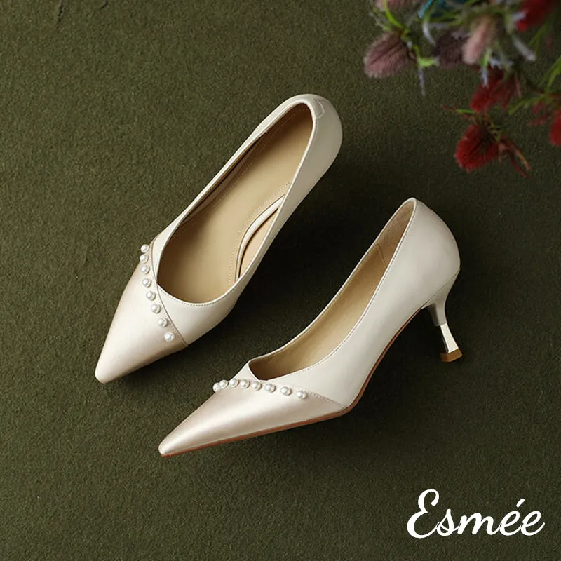 Dual Color Pointy Toe High Heel with Pearl Design