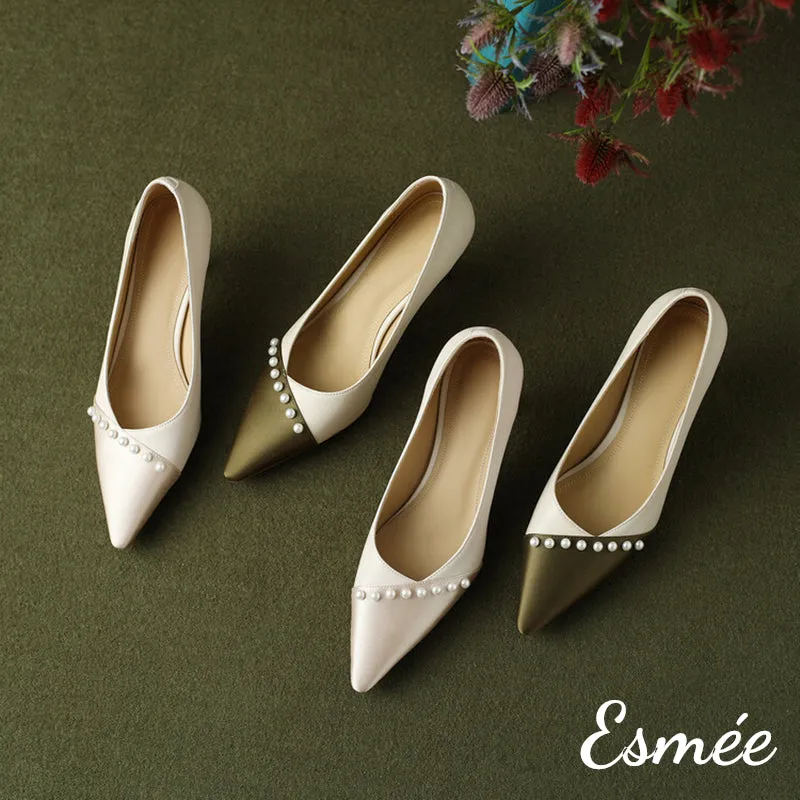 Dual Color Pointy Toe High Heel with Pearl Design
