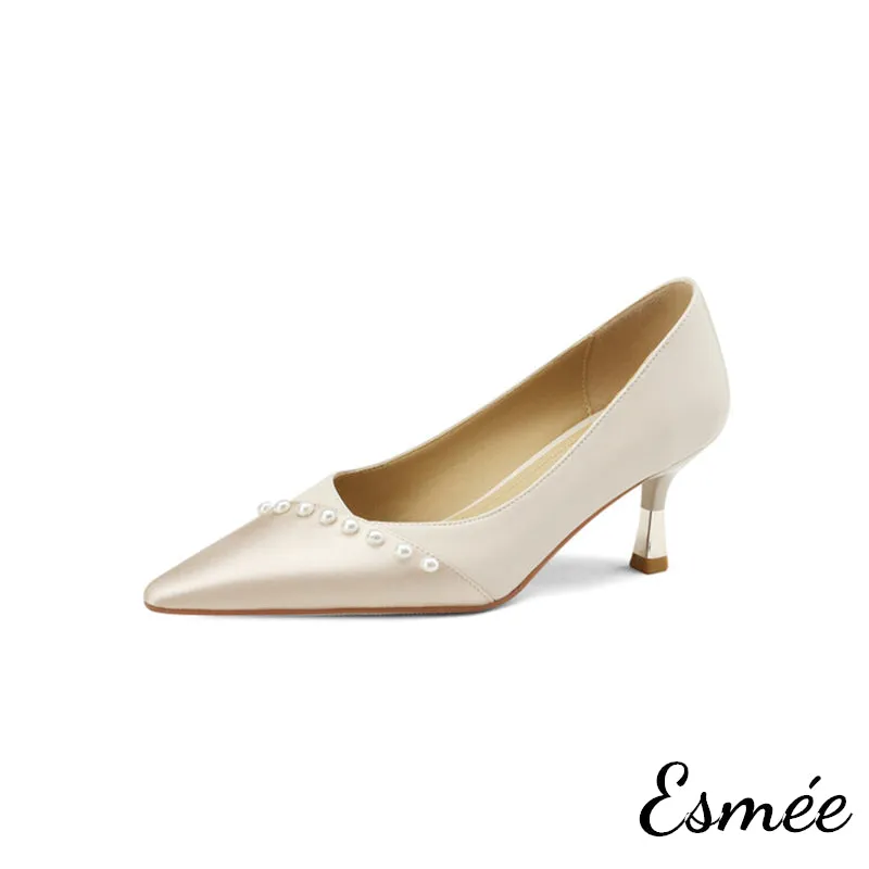 Dual Color Pointy Toe High Heel with Pearl Design