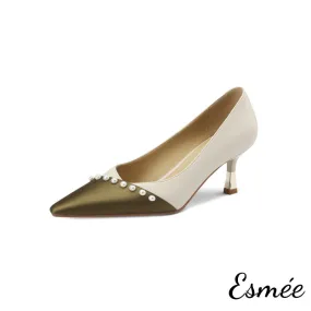 Dual Color Pointy Toe High Heel with Pearl Design