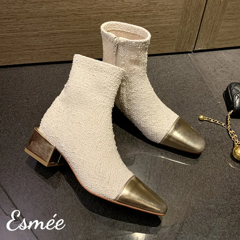 Fabrics Ankle Boots with Metallic Heel and Toe Cap