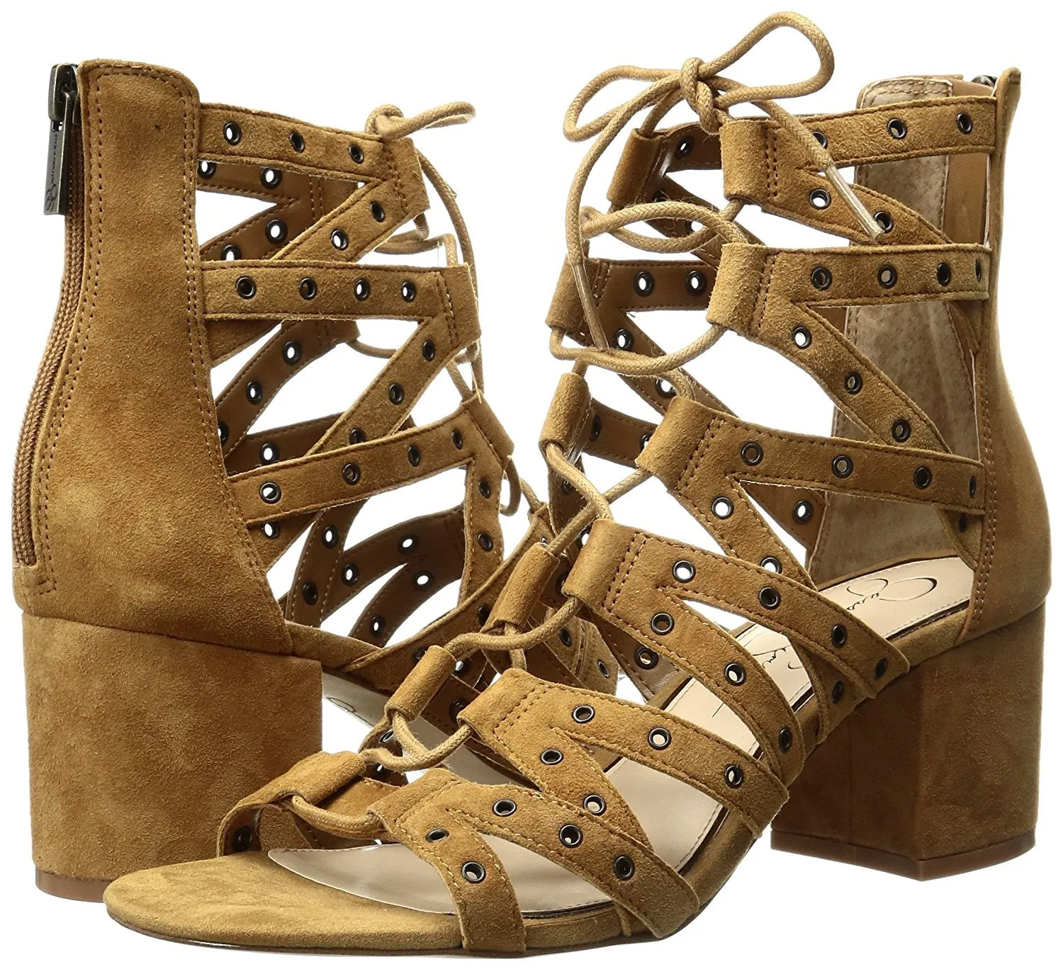 Jessica Simpson Haize Honey Brown Suede Block Heel Ankle Grommet Caged Sandals