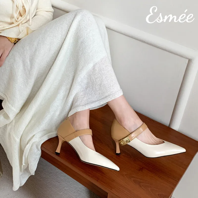 Leather High Heel Maryjane with N Metal Buckle