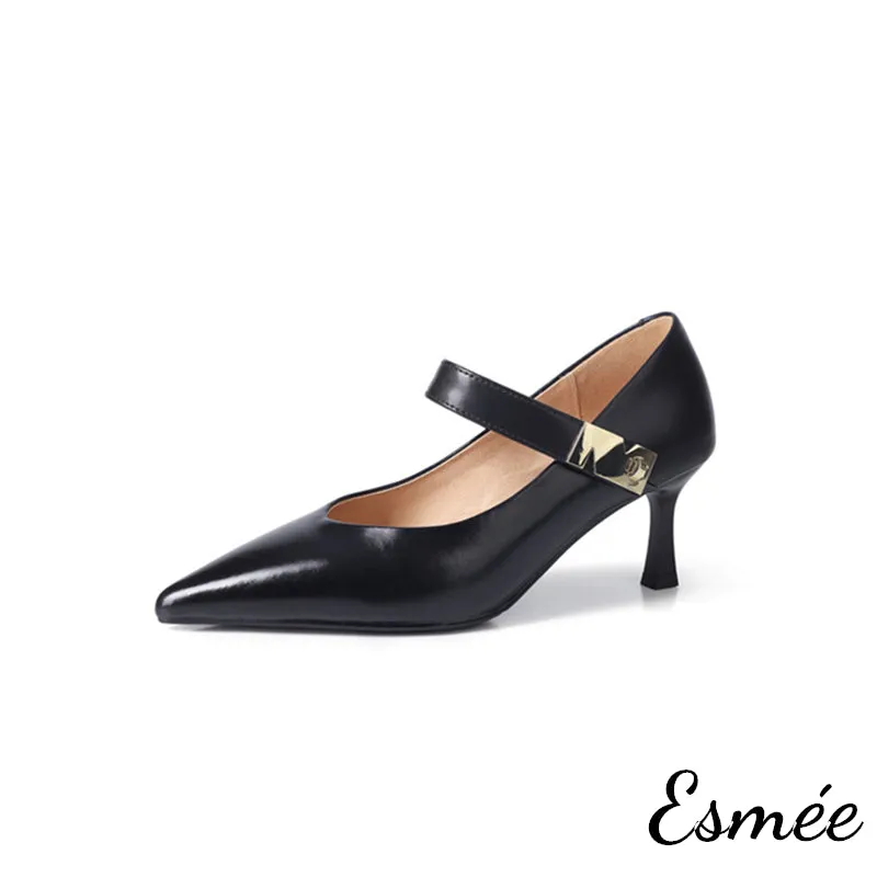 Leather High Heel Maryjane with N Metal Buckle