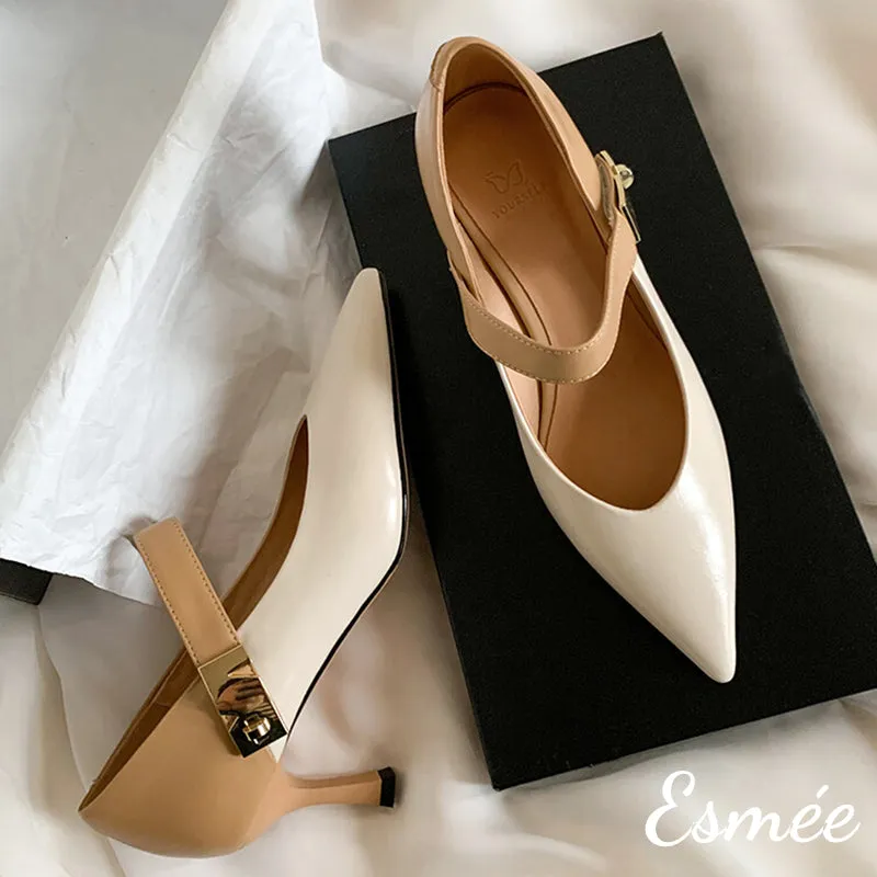 Leather High Heel Maryjane with N Metal Buckle