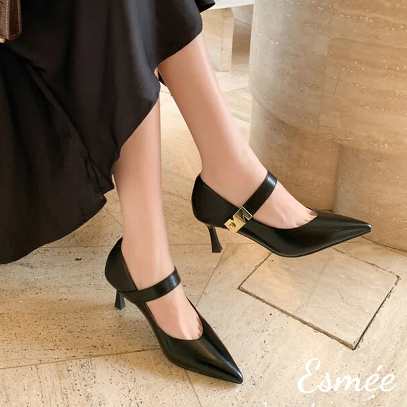 Leather High Heel Maryjane with N Metal Buckle