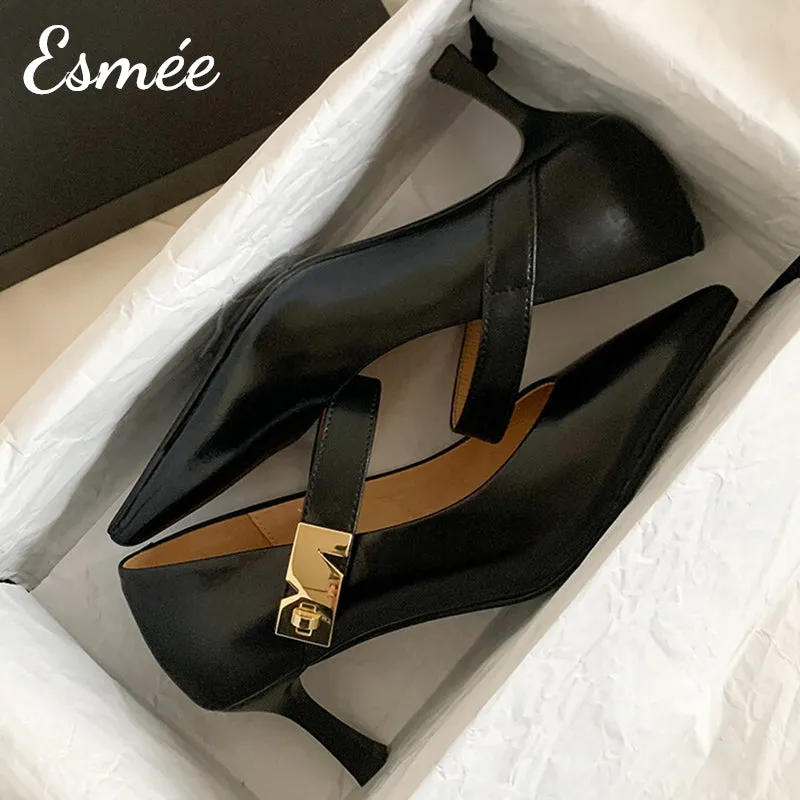 Leather High Heel Maryjane with N Metal Buckle