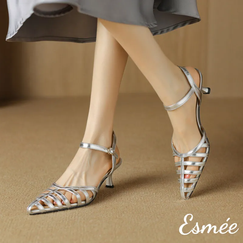 Leather High Heel Sandals with Roman Design