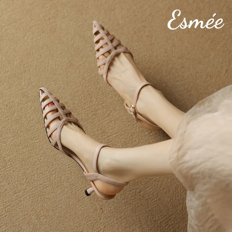 Leather High Heel Sandals with Roman Design