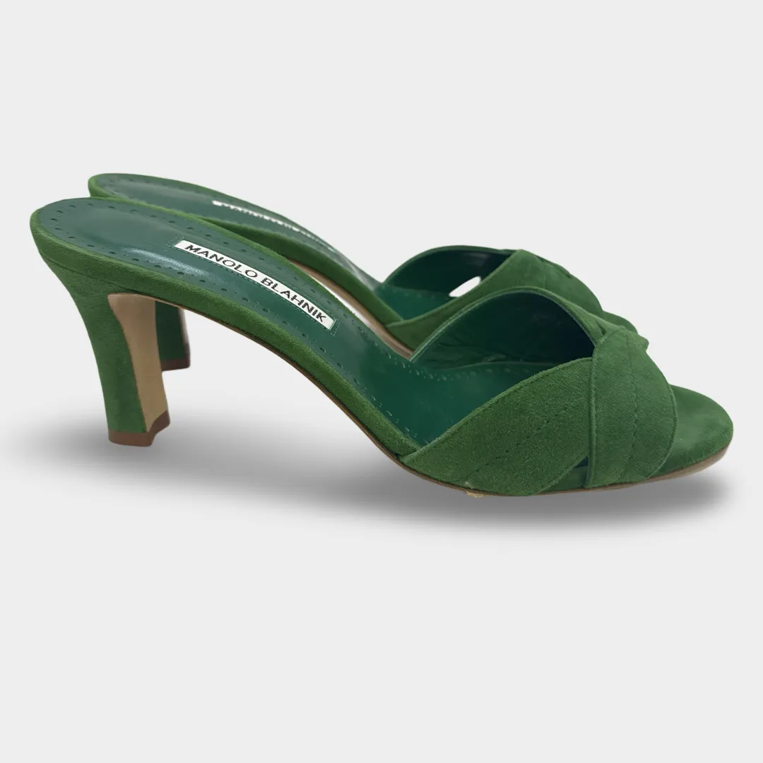 Manolo Blahnik Women's Green suede sandal heels