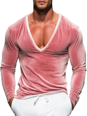 Men's V-Neck Velvet Long-Sleeved T-Shirt